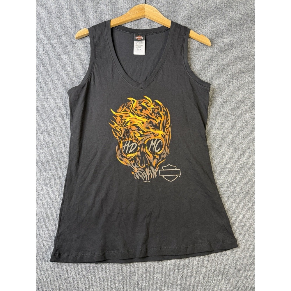 HARLEY DAVIDSON Tank Top Womens Medium Black Skull Graphic Biker Cotton